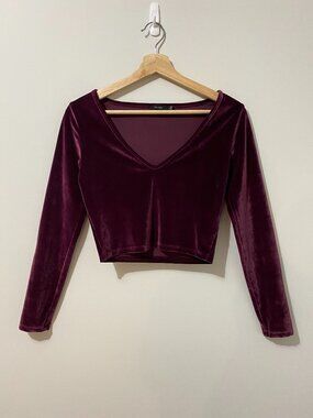 Aritzia Talula Velvet V-Neck Long Sleeve Crop Top Burgundy Whimsigoth Vamp Jewel